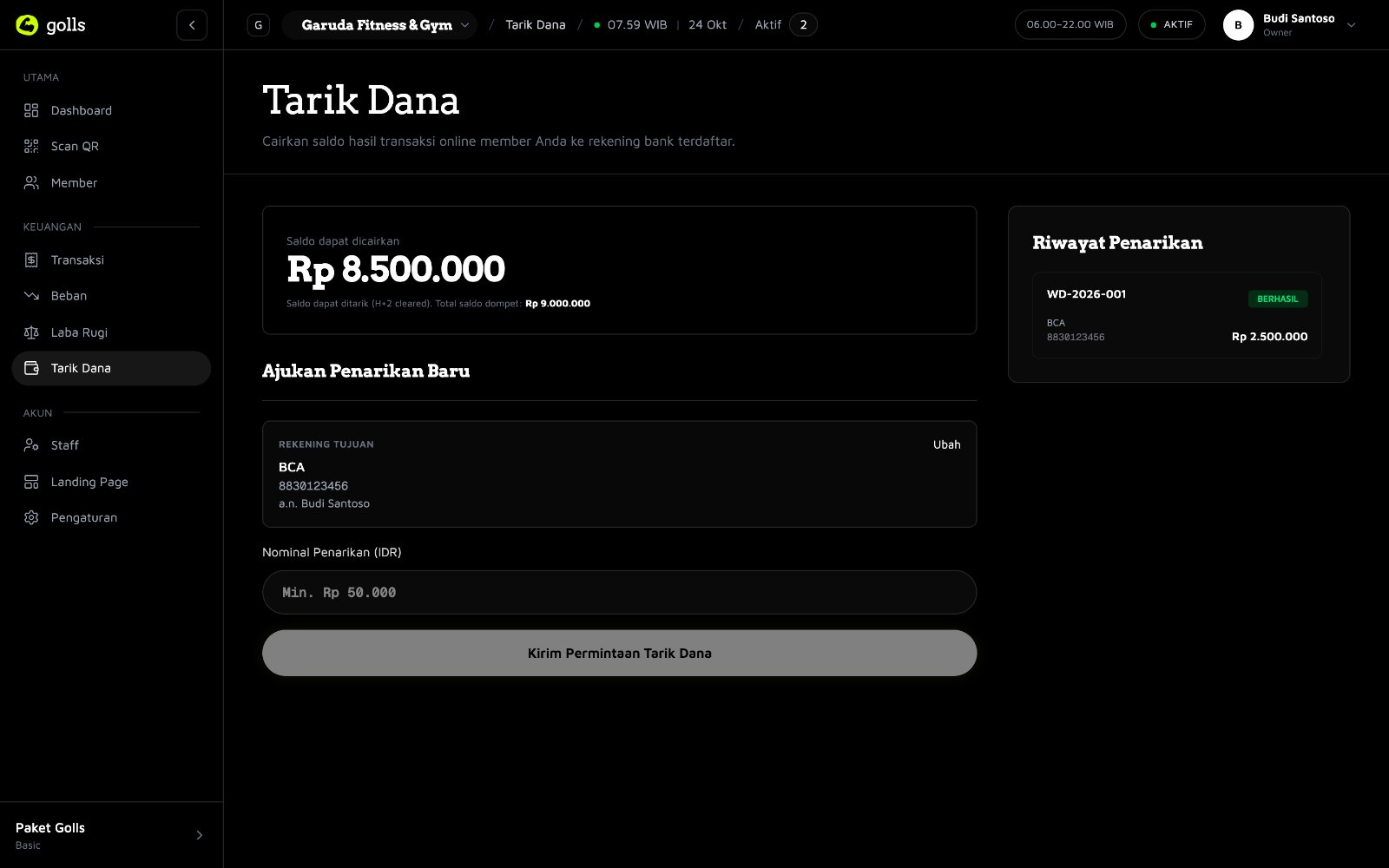 Panel penarikan dana dompet digital dan formulir rekening bank