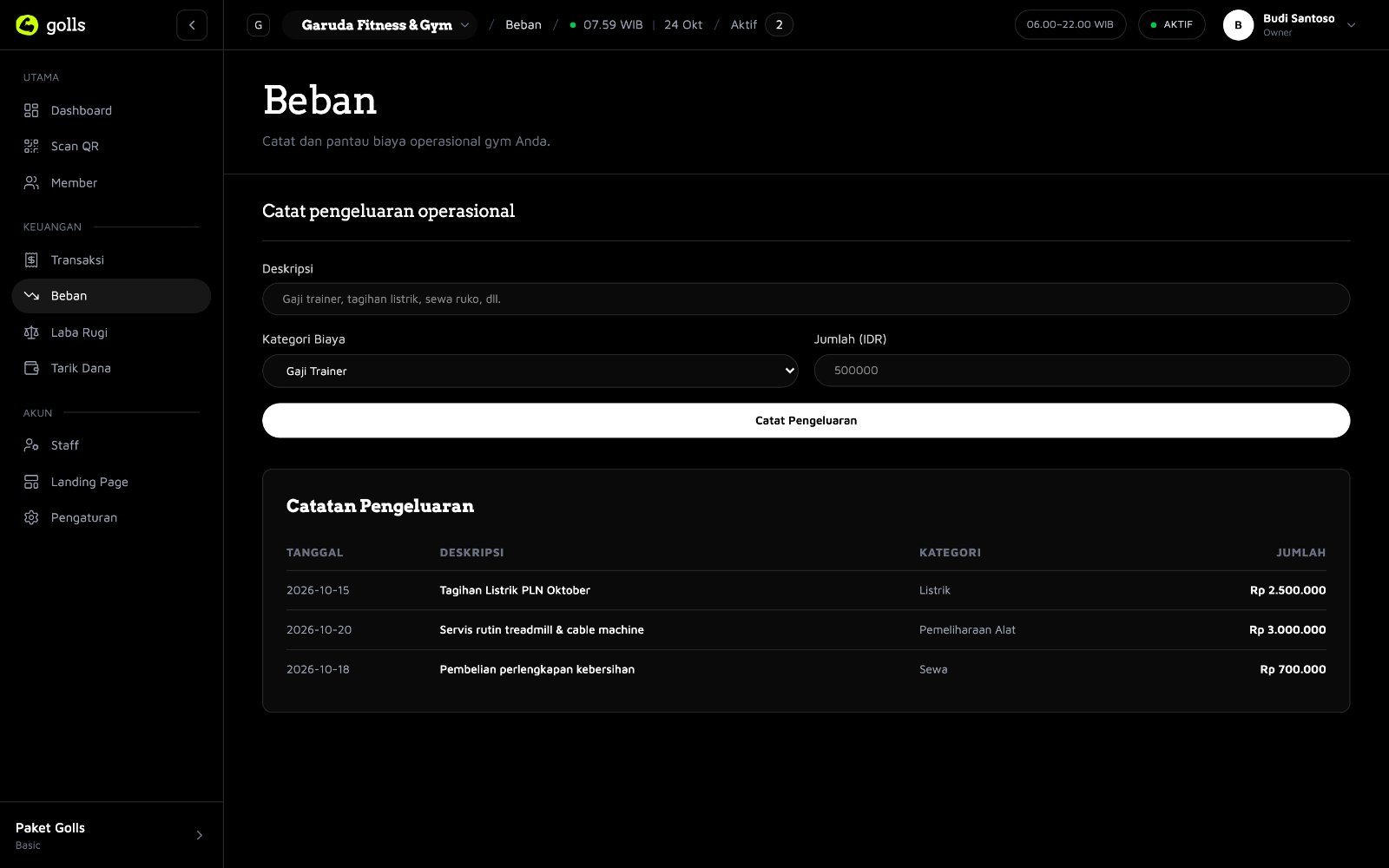 Formulir pencatatan beban operasional dan daftar riwayat pengeluaran