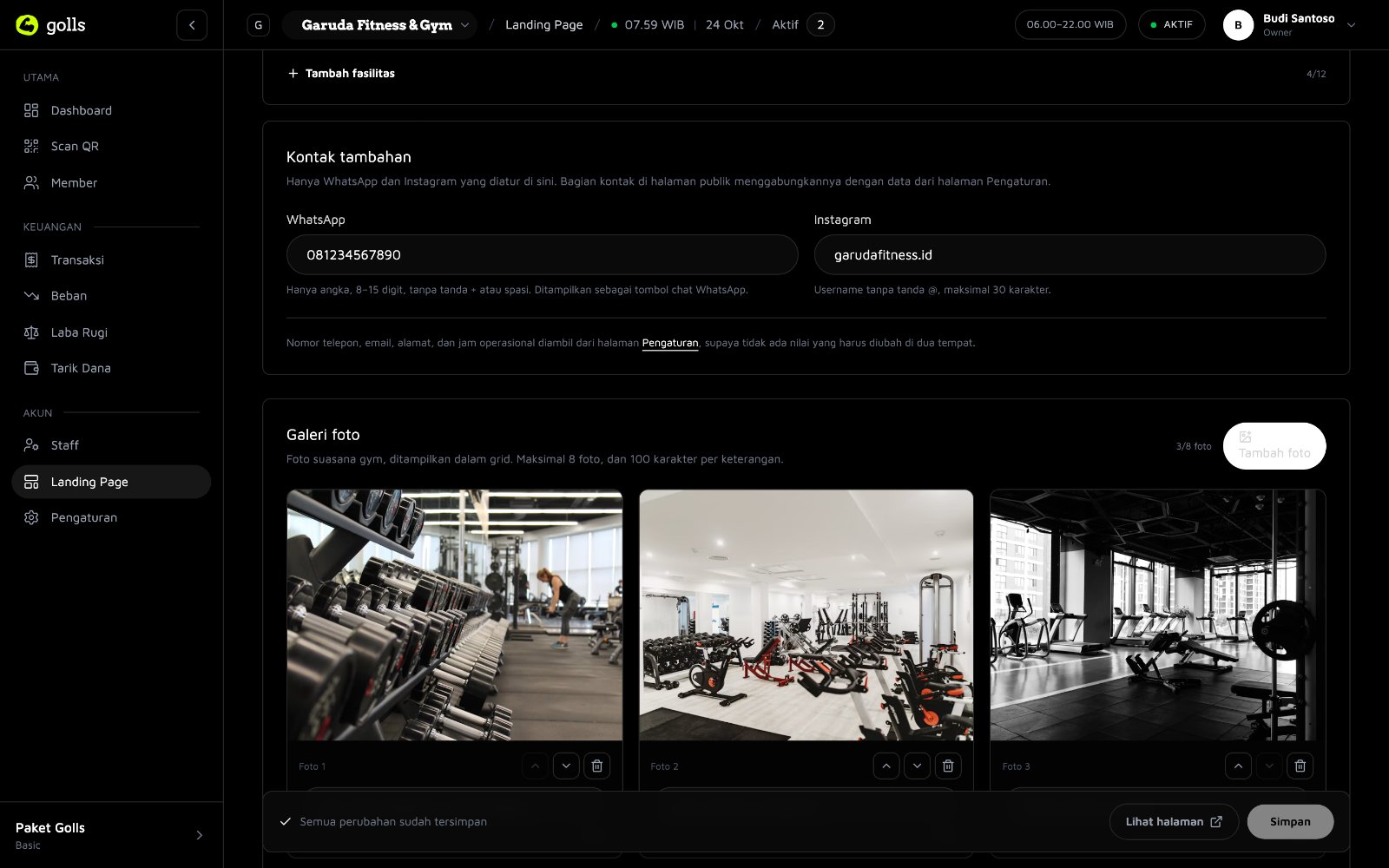 Panel galeri foto dan pengaturan takarir gambar gym