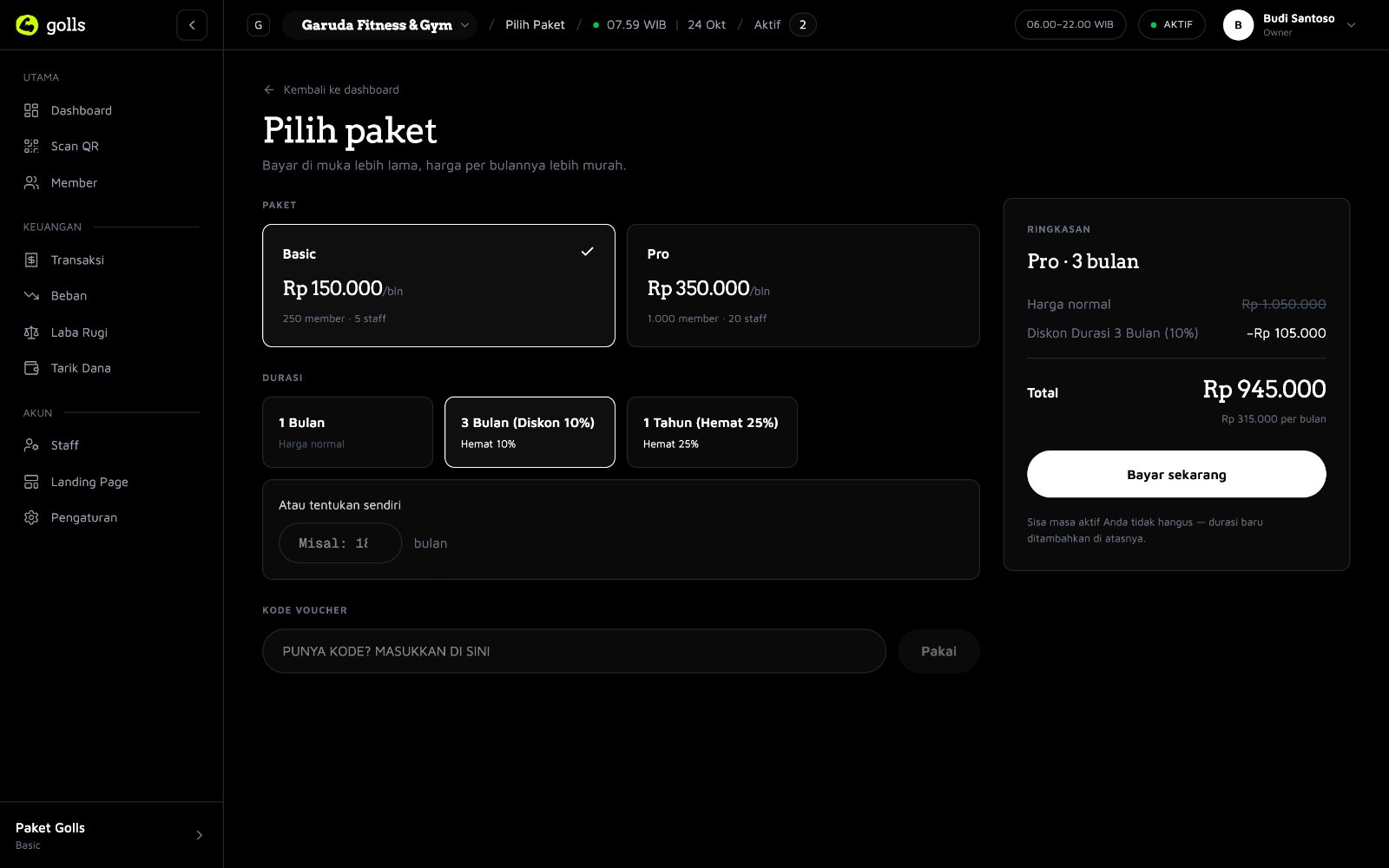Layar pemilihan paket upgrade SaaS dan rincian diskon durasi
